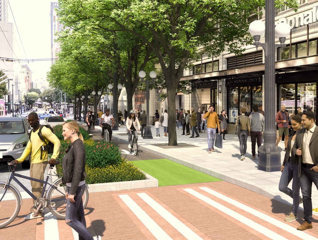 The new design of the 300 block of Pine provides a more pleasant pedestrian experience.